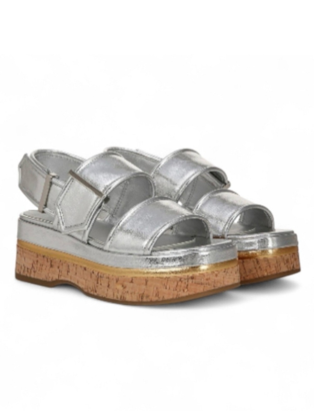 FRANCO SARTO Piper Silver Metallic Platform Cork Sandals Size 8
